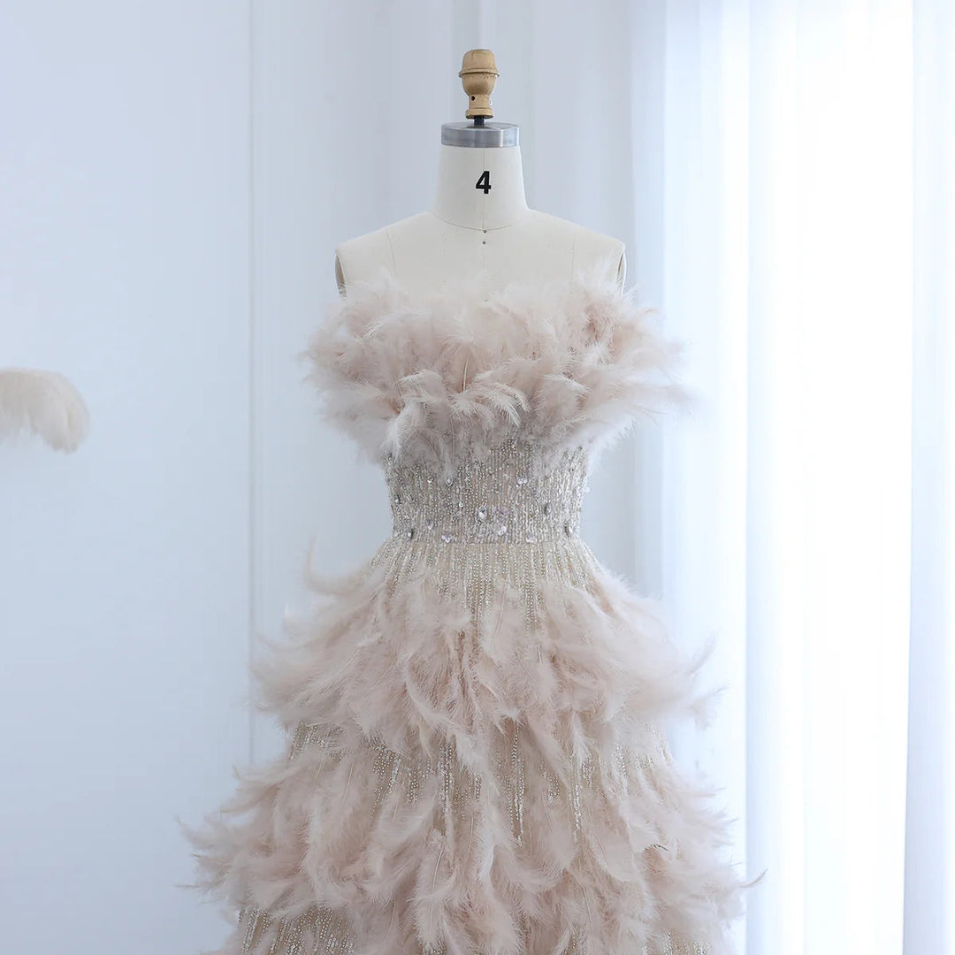 Luxury Feathers Princess Ball Gown Cream Evening Dress SS732