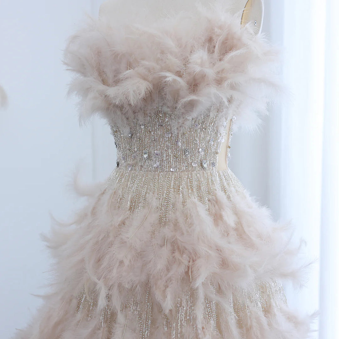 Luxury Feathers Princess Ball Gown Cream Evening Dress SS732
