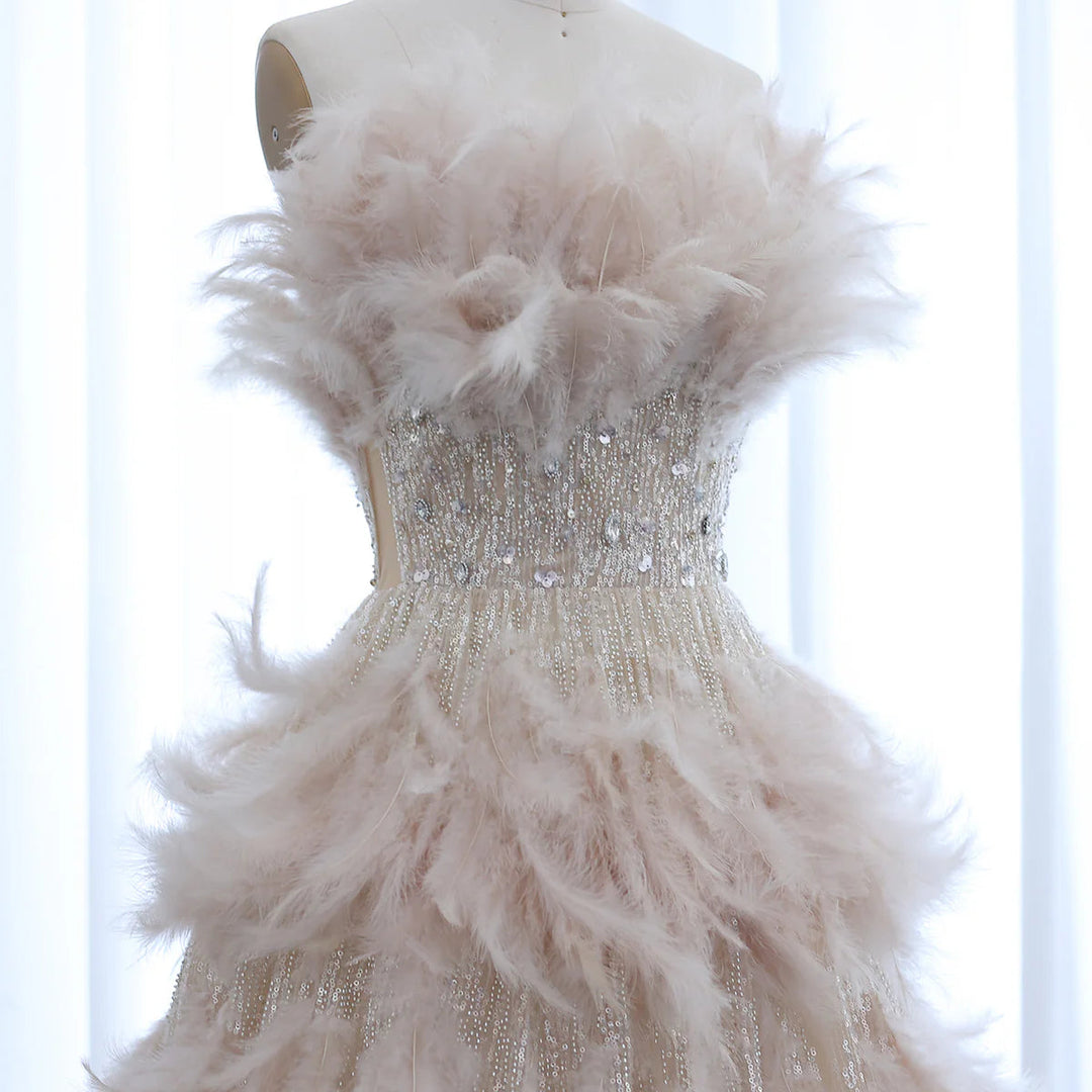 Luxury Feathers Princess Ball Gown Cream Evening Dress SS732