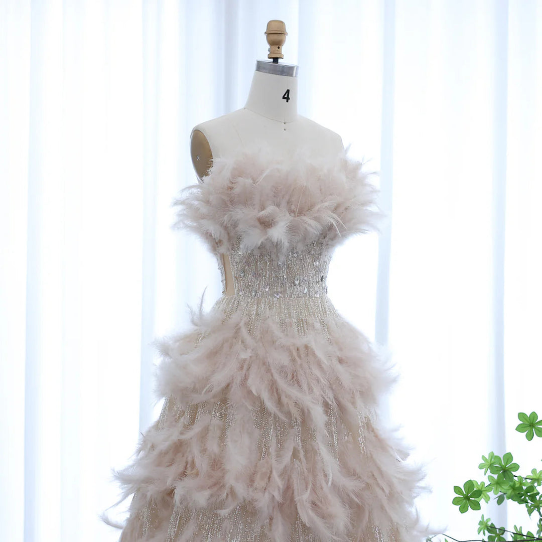 Luxury Feathers Princess Ball Gown Cream Evening Dress SS732