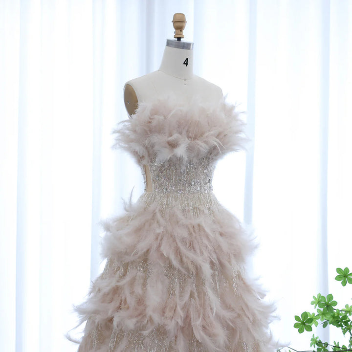 Luxury Feathers Princess Ball Gown Cream Evening Dress SS732