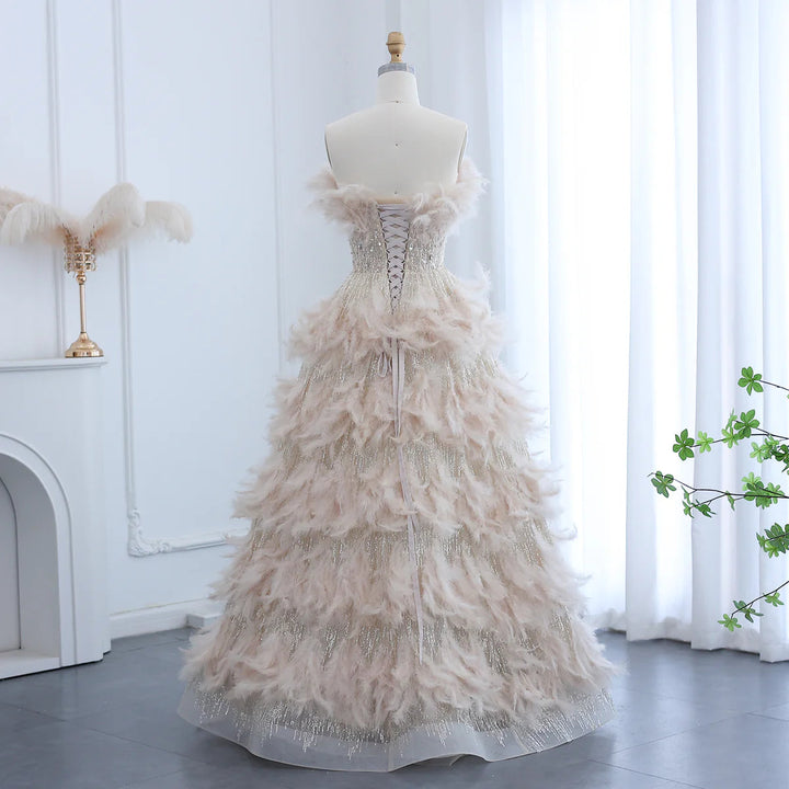 Luxury Feathers Princess Ball Gown Cream Evening Dress SS732