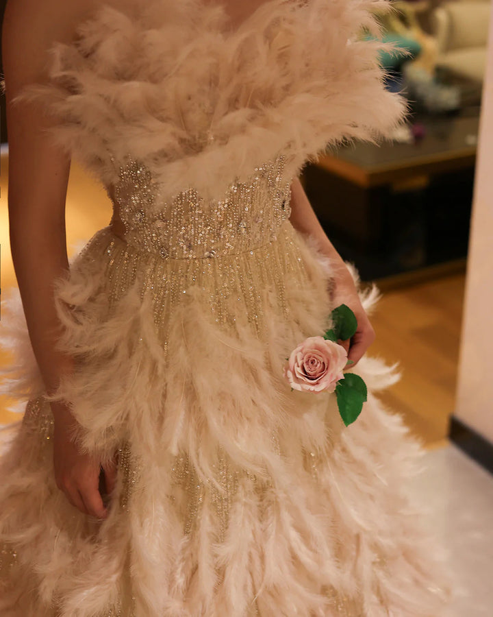 Luxury Feathers Princess Ball Gown Cream Evening Dress SS732