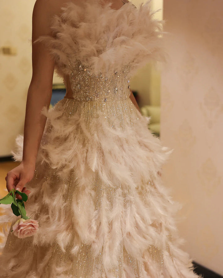 Luxury Feathers Princess Ball Gown Cream Evening Dress SS732