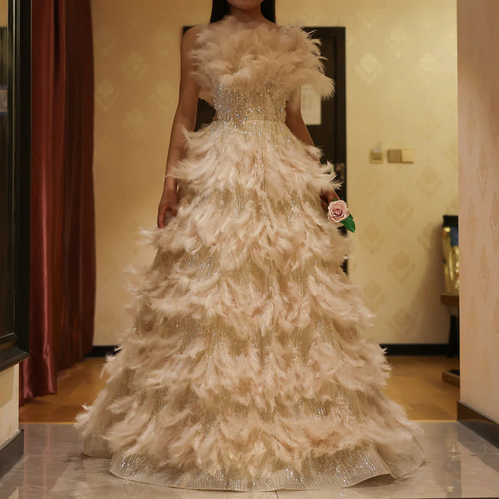Luxury Feathers Princess Ball Gown Cream Evening Dress SS732