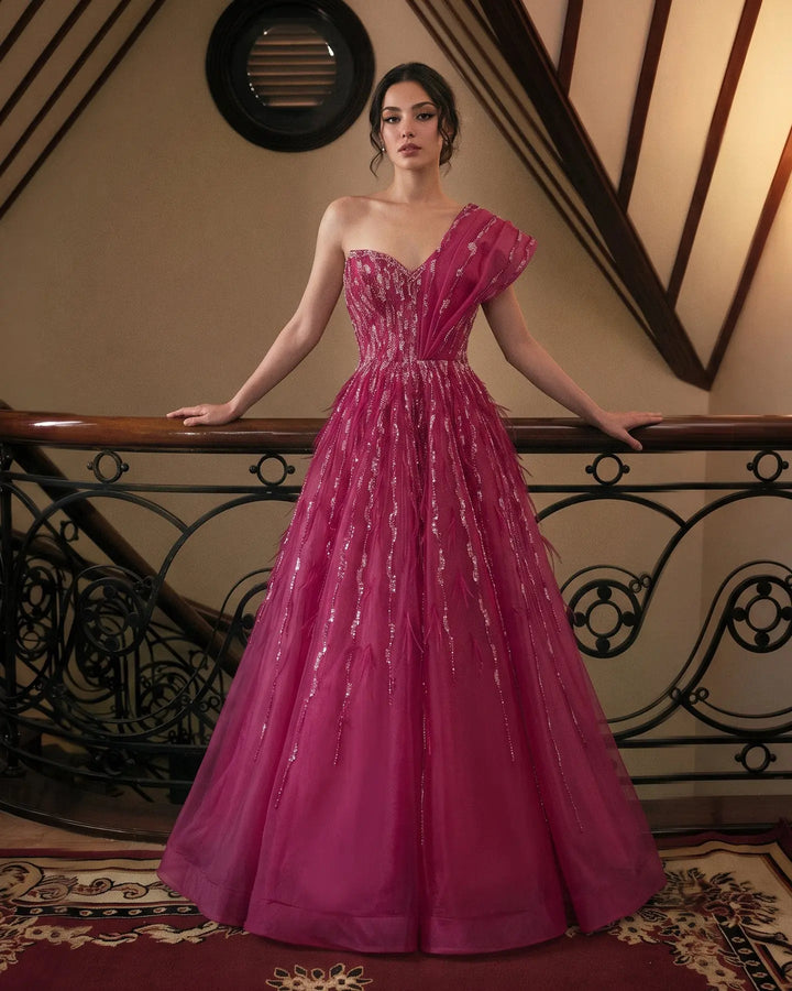 Luxury Fuchsia One Shoulder Beaded A-Line Evening Dress XD041
