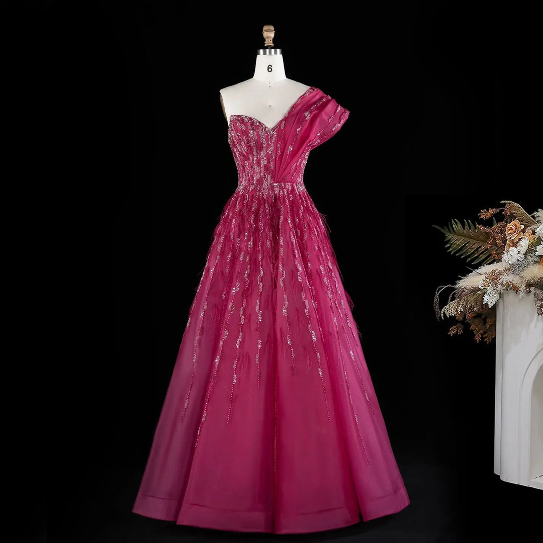 Luxury Fuchsia One Shoulder Beaded A-Line Evening Dress XD041