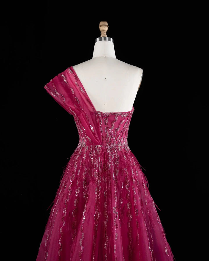 Luxury Fuchsia One Shoulder Beaded A-Line Evening Dress XD041