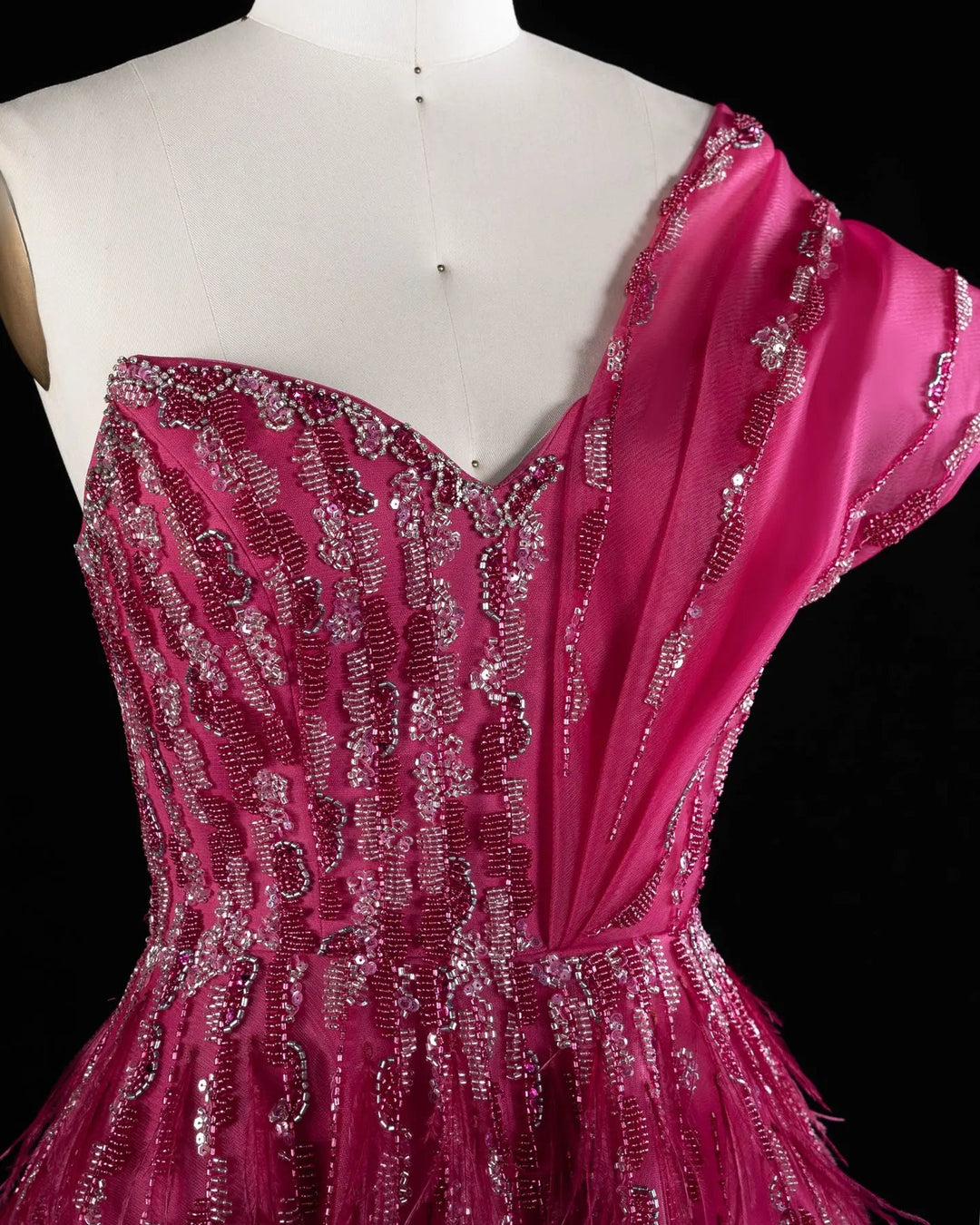 Luxury Fuchsia One Shoulder Beaded A-Line Evening Dress XD041