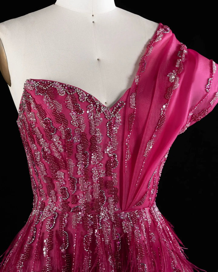 Luxury Fuchsia One Shoulder Beaded A-Line Evening Dress XD041
