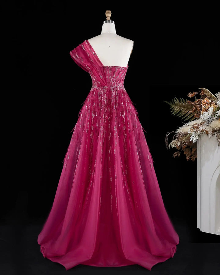 Luxury Fuchsia One Shoulder Beaded A-Line Evening Dress XD041