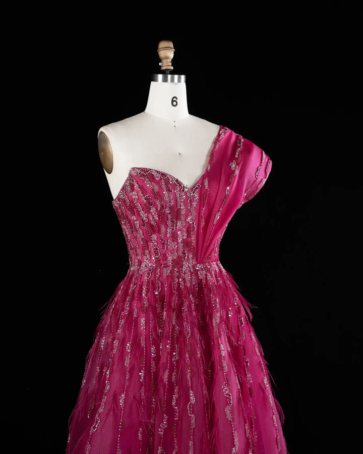 Luxury Fuchsia One Shoulder Beaded A-Line Evening Dress XD041