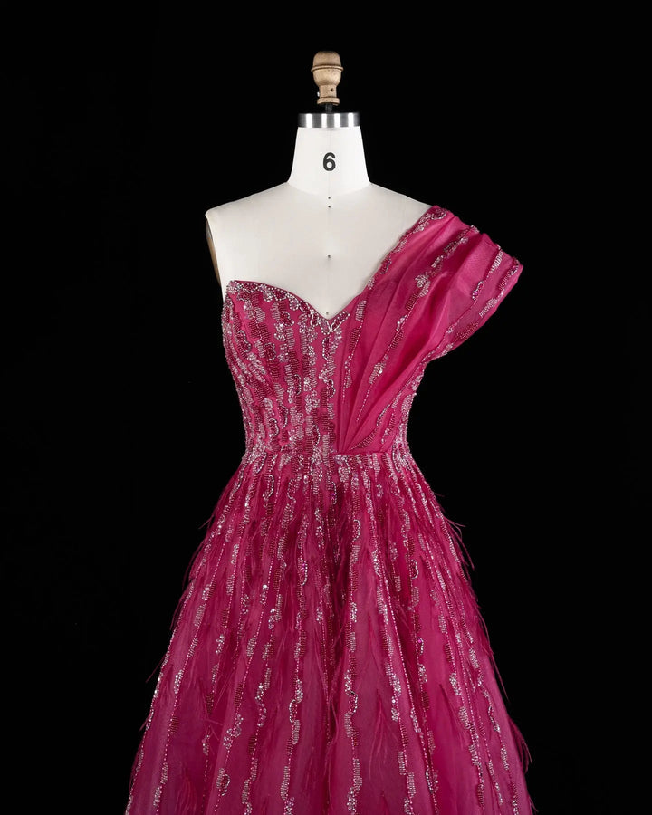 Luxury Fuchsia One Shoulder Beaded A-Line Evening Dress XD041
