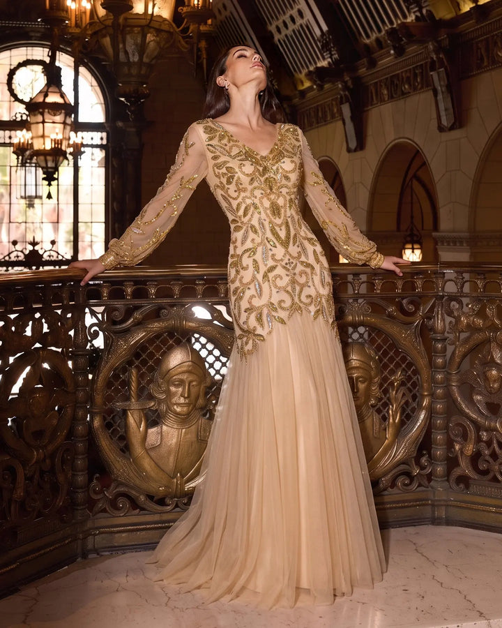 Luxury Gold Beaded Evening Dress with V Neck and Sheer Long Sleeves XD080