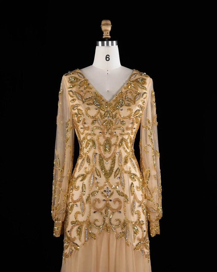 Luxury Gold Beaded Evening Dress with V Neck and Sheer Long Sleeves XD080