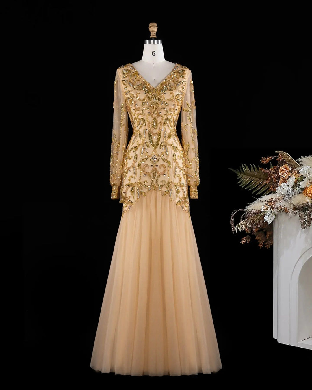 Luxury Gold Beaded Evening Dress with V Neck and Sheer Long Sleeves XD080