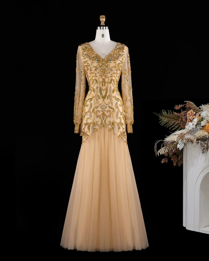 Luxury Gold Beaded Evening Dress with V Neck and Sheer Long Sleeves XD080