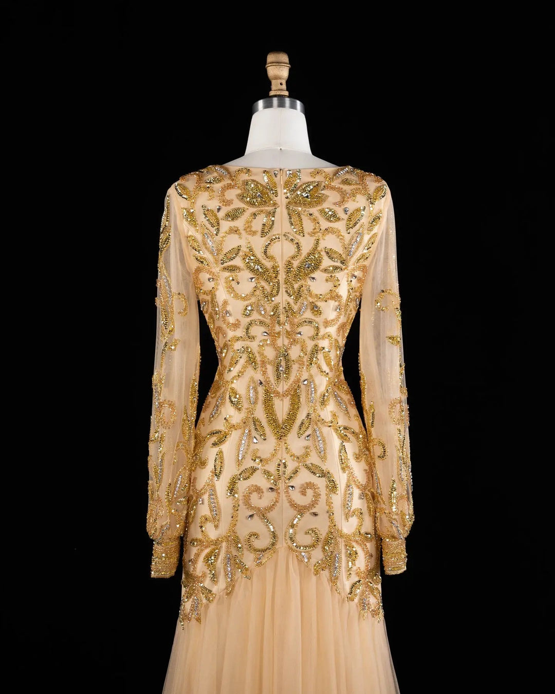 Luxury Gold Beaded Evening Dress with V Neck and Sheer Long Sleeves XD080