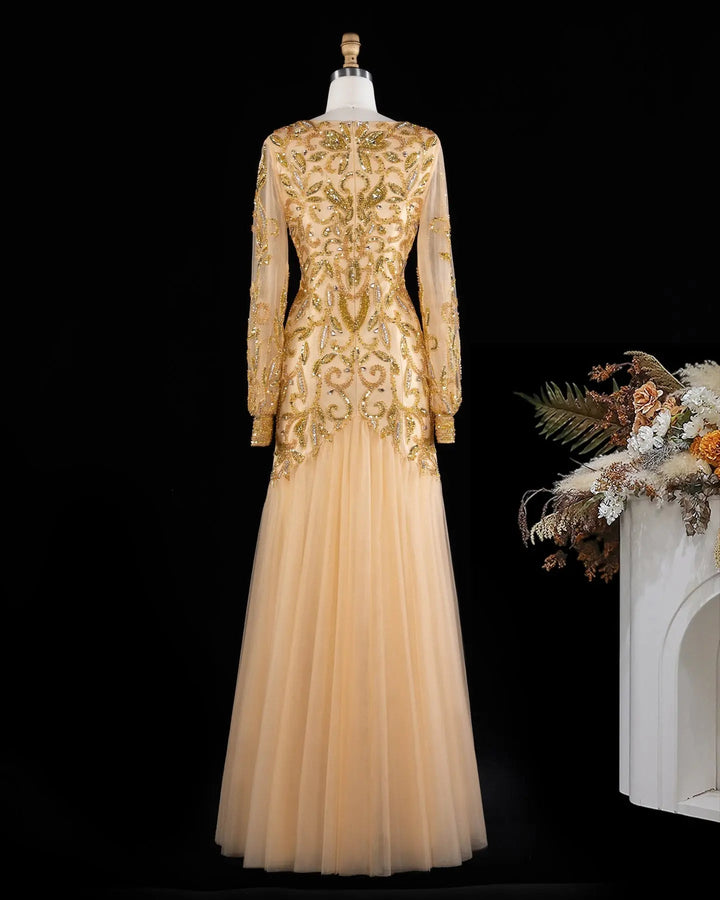 Luxury Gold Beaded Evening Dress with V Neck and Sheer Long Sleeves XD080
