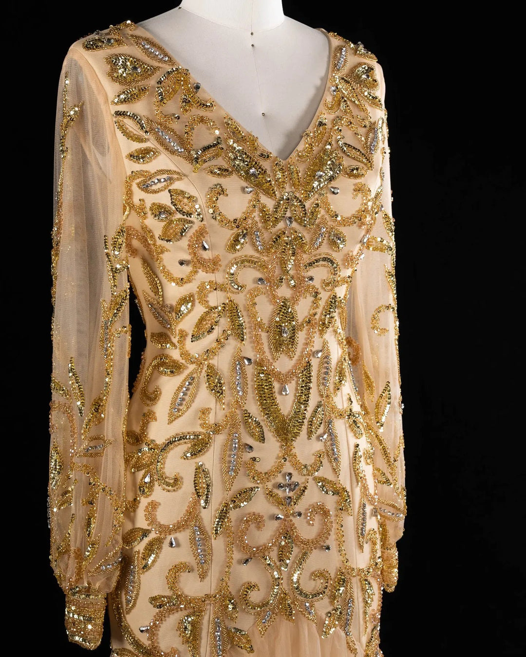 Luxury Gold Beaded Evening Dress with V Neck and Sheer Long Sleeves XD080