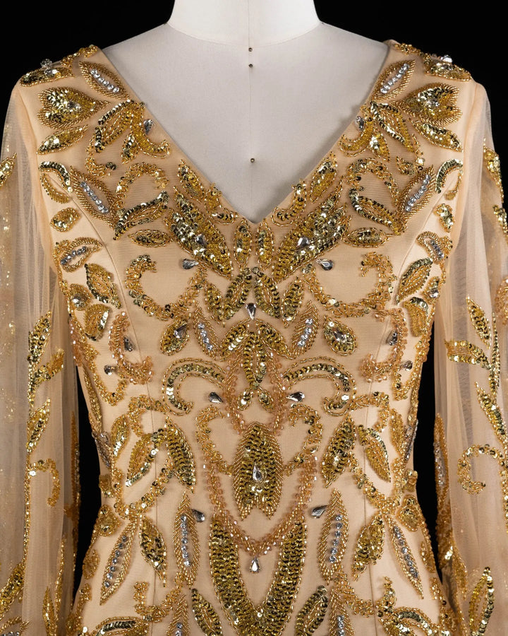Luxury Gold Beaded Evening Dress with V Neck and Sheer Long Sleeves XD080