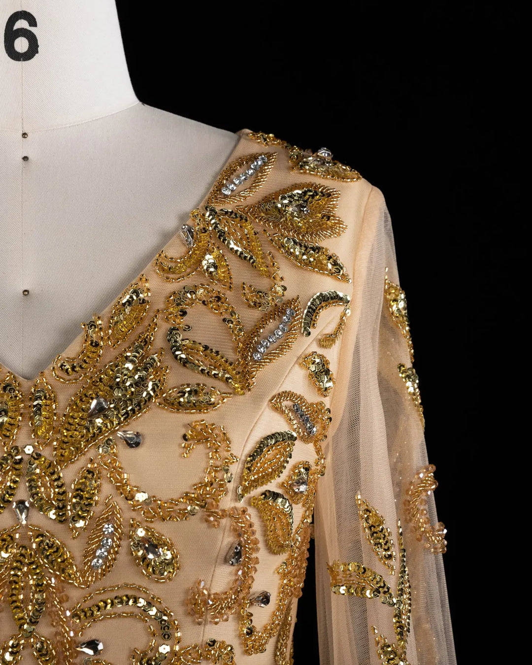 Luxury Gold Beaded Evening Dress with V Neck and Sheer Long Sleeves XD080