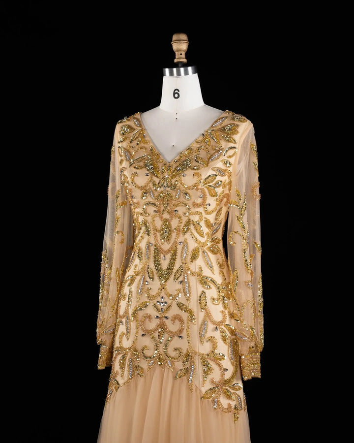 Luxury Gold Beaded Evening Dress with V Neck and Sheer Long Sleeves XD080