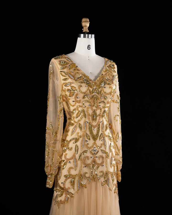 Luxury Gold Beaded Evening Dress with V Neck and Sheer Long Sleeves XD080