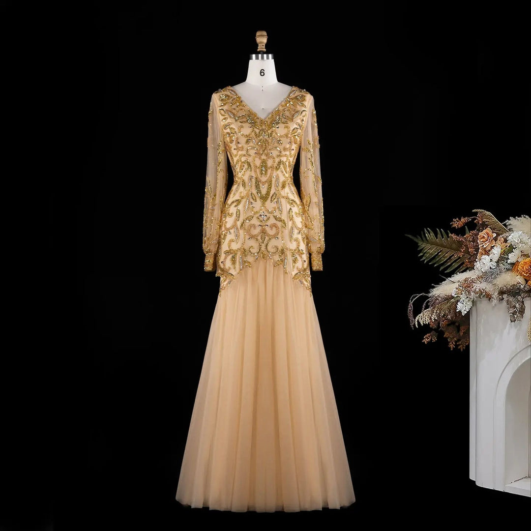 Luxury Gold Beaded Evening Dress with V Neck and Sheer Long Sleeves XD080