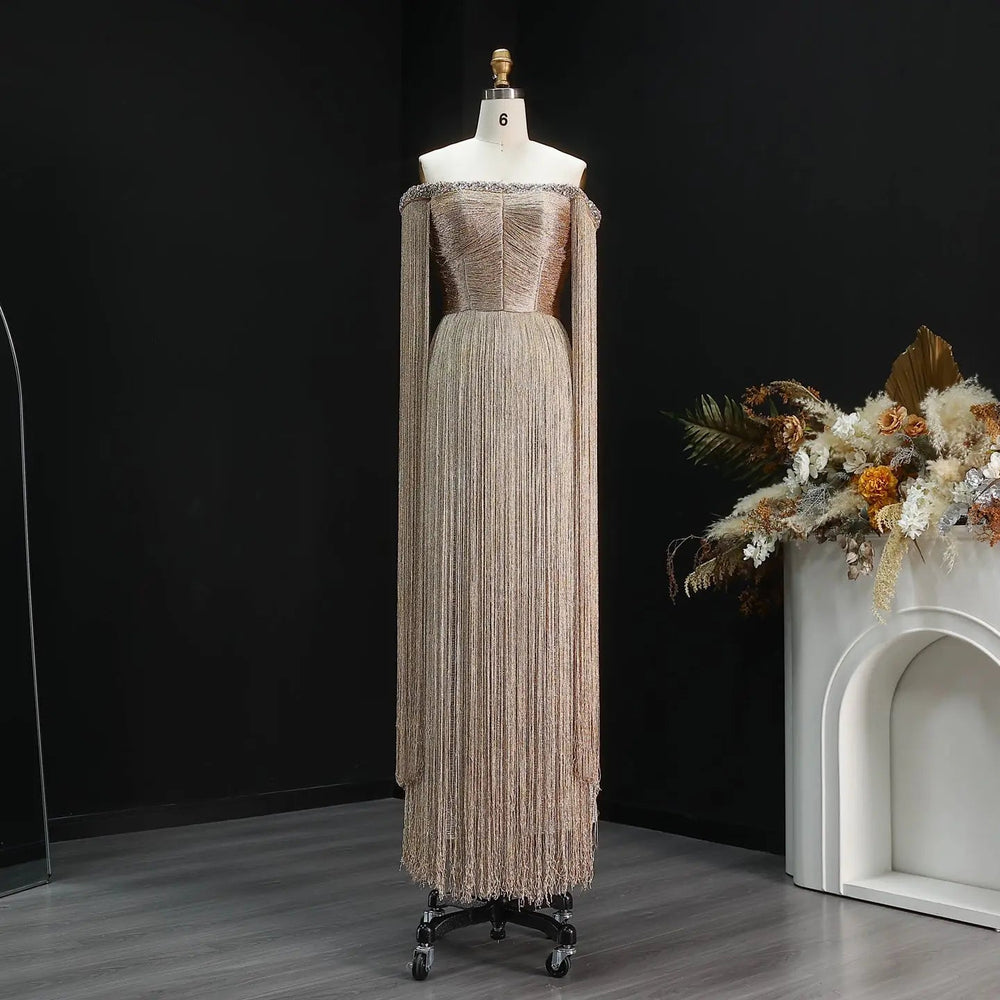 Luxury Gold Fringe Sequin Off-Shoulder Evening Gown with Cape Sleeves SS232-DreamyVow