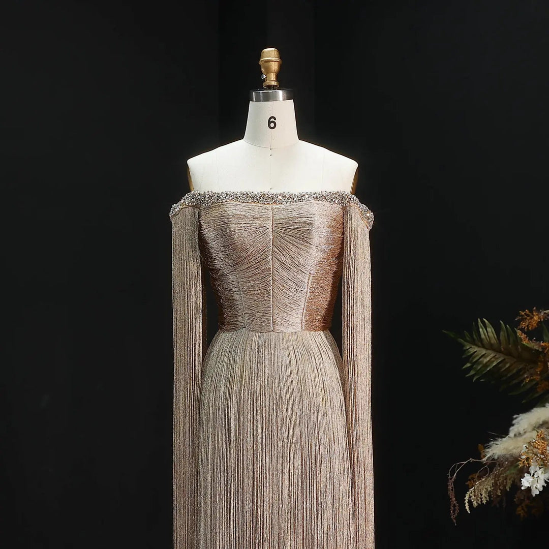 Luxury Gold Fringe Sequin Off-Shoulder Evening Gown with Cape Sleeves DreamyVow Luxury Gold Fringe Sequin Off-Shoulder Evening Gown with Cape Sleeves DreamyVow