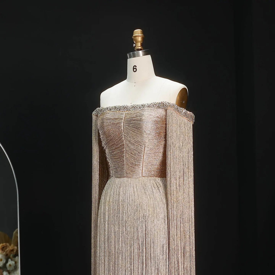 Luxury Gold Fringe Sequin Off-Shoulder Evening Gown with Cape Sleeves SS232-DreamyVow