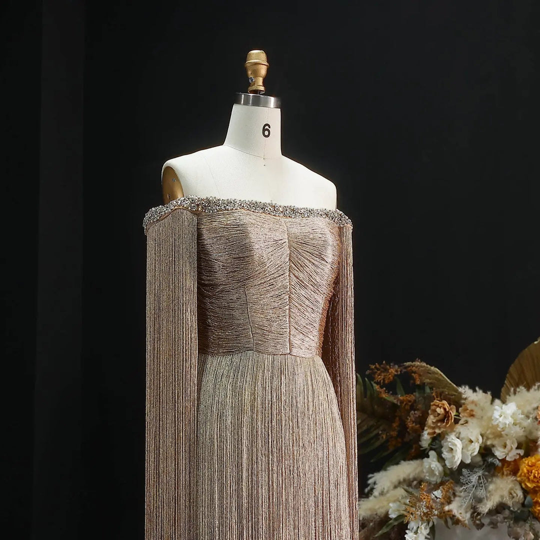 Luxury Gold Fringe Sequin Off-Shoulder Evening Gown with Cape Sleeves DreamyVow Luxury Gold Fringe Sequin Off-Shoulder Evening Gown with Cape Sleeves DreamyVow