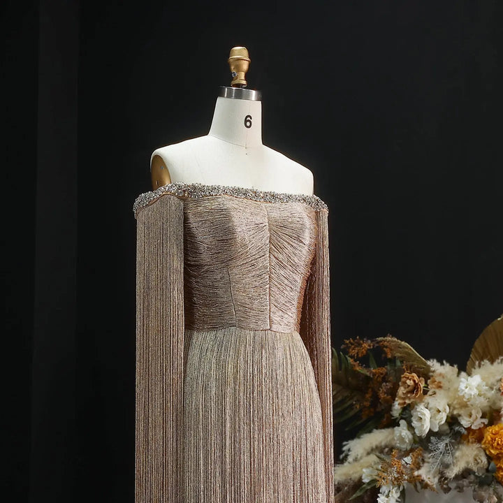 Luxury Gold Fringe Sequin Off-Shoulder Evening Gown with Cape Sleeves SS232-DreamyVow