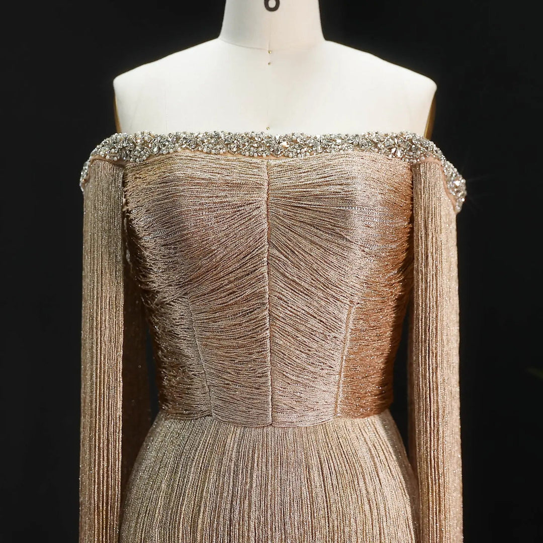 Luxury Gold Fringe Sequin Off-Shoulder Evening Gown with Cape Sleeves DreamyVow Luxury Gold Fringe Sequin Off-Shoulder Evening Gown with Cape Sleeves DreamyVow