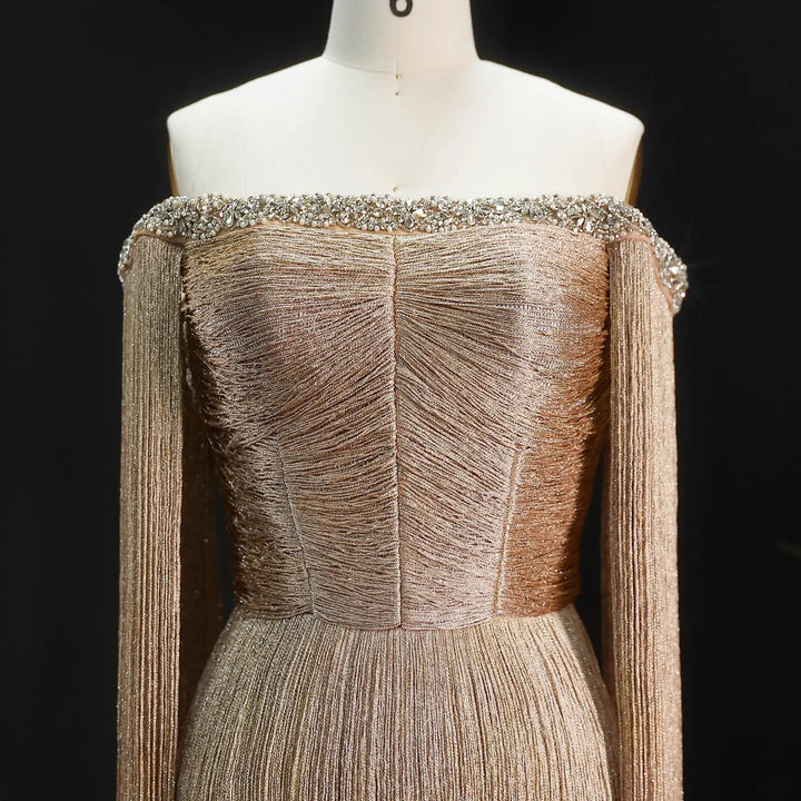 Luxury Gold Fringe Sequin Off-Shoulder Evening Gown with Cape Sleeves SS232-DreamyVow