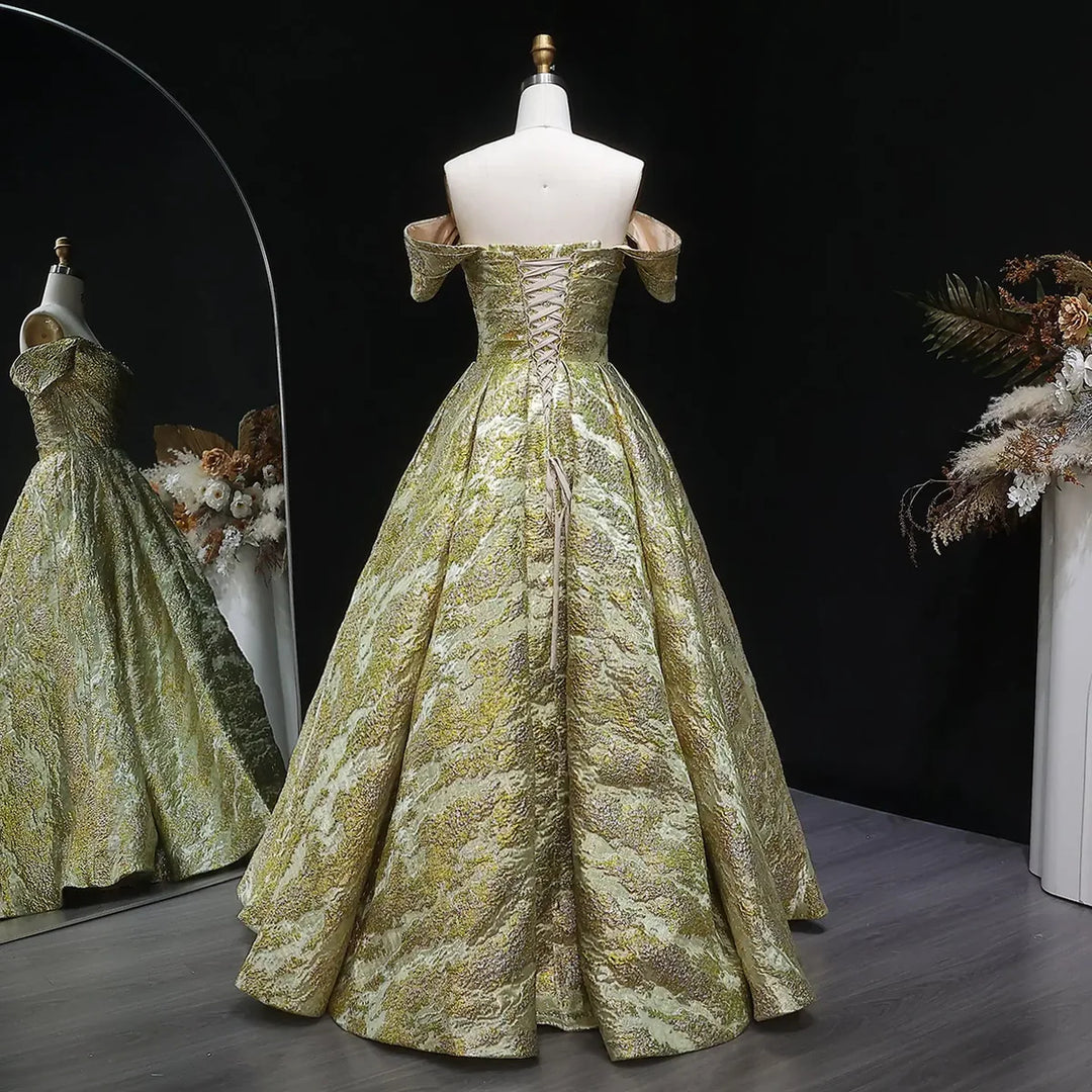 Luxury Gold Jacquard Off-Shoulder Ball Gown Satin Evening Dress SS742   DreamyVow