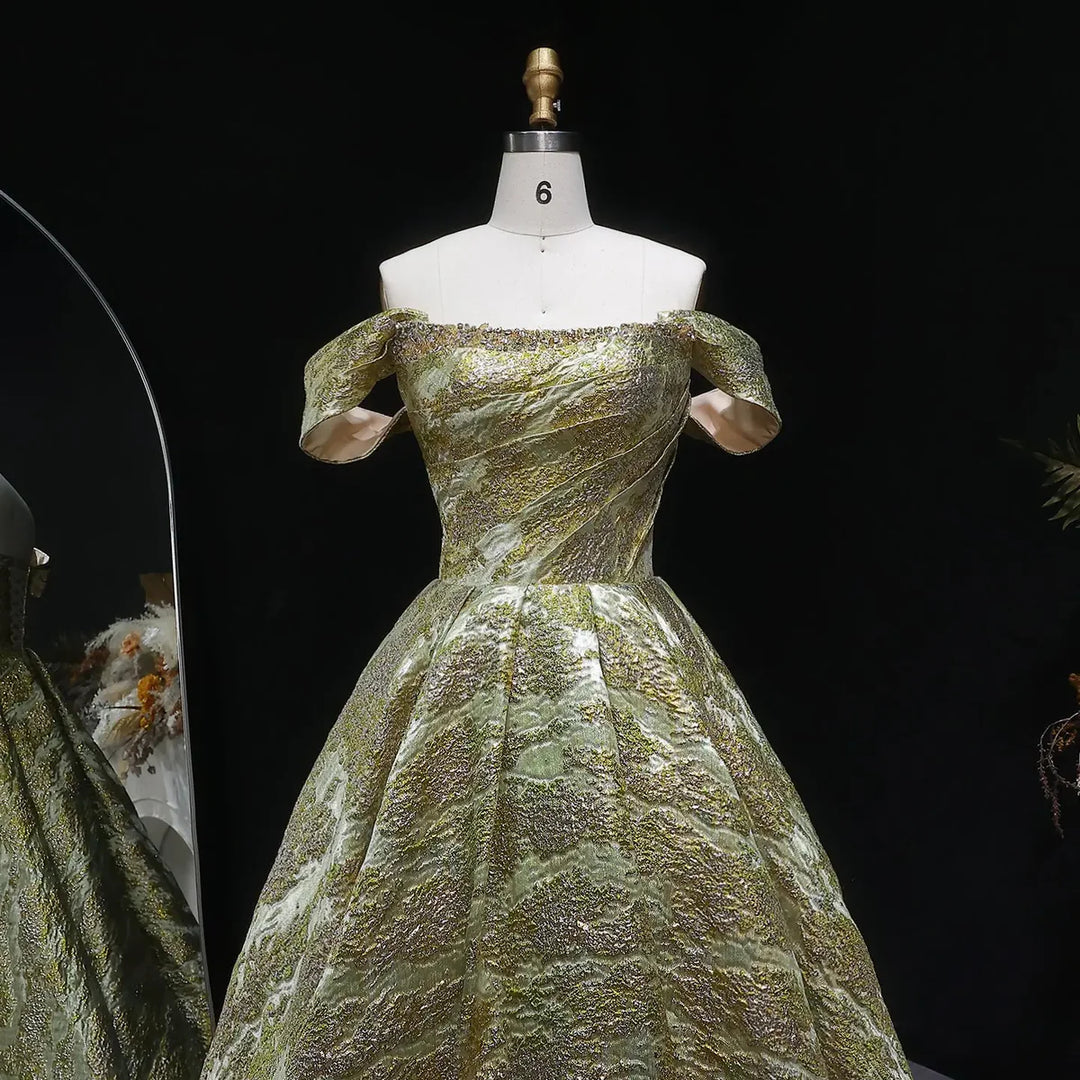 Luxury Gold Jacquard Off-Shoulder Ball Gown Satin Evening Dress SS742-DreamyVow