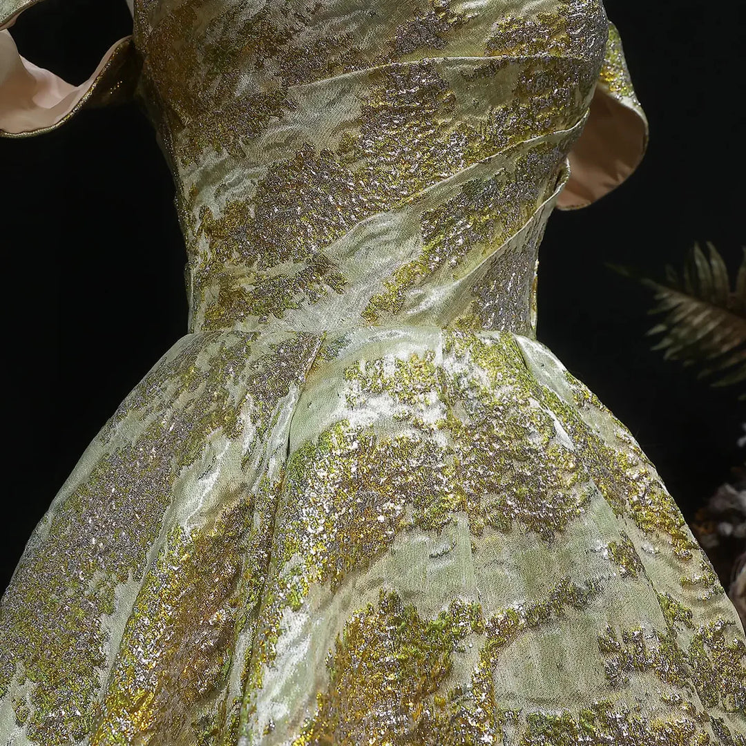 Luxury Gold Jacquard Off-Shoulder Ball Gown Satin Evening Dress SS742-DreamyVow