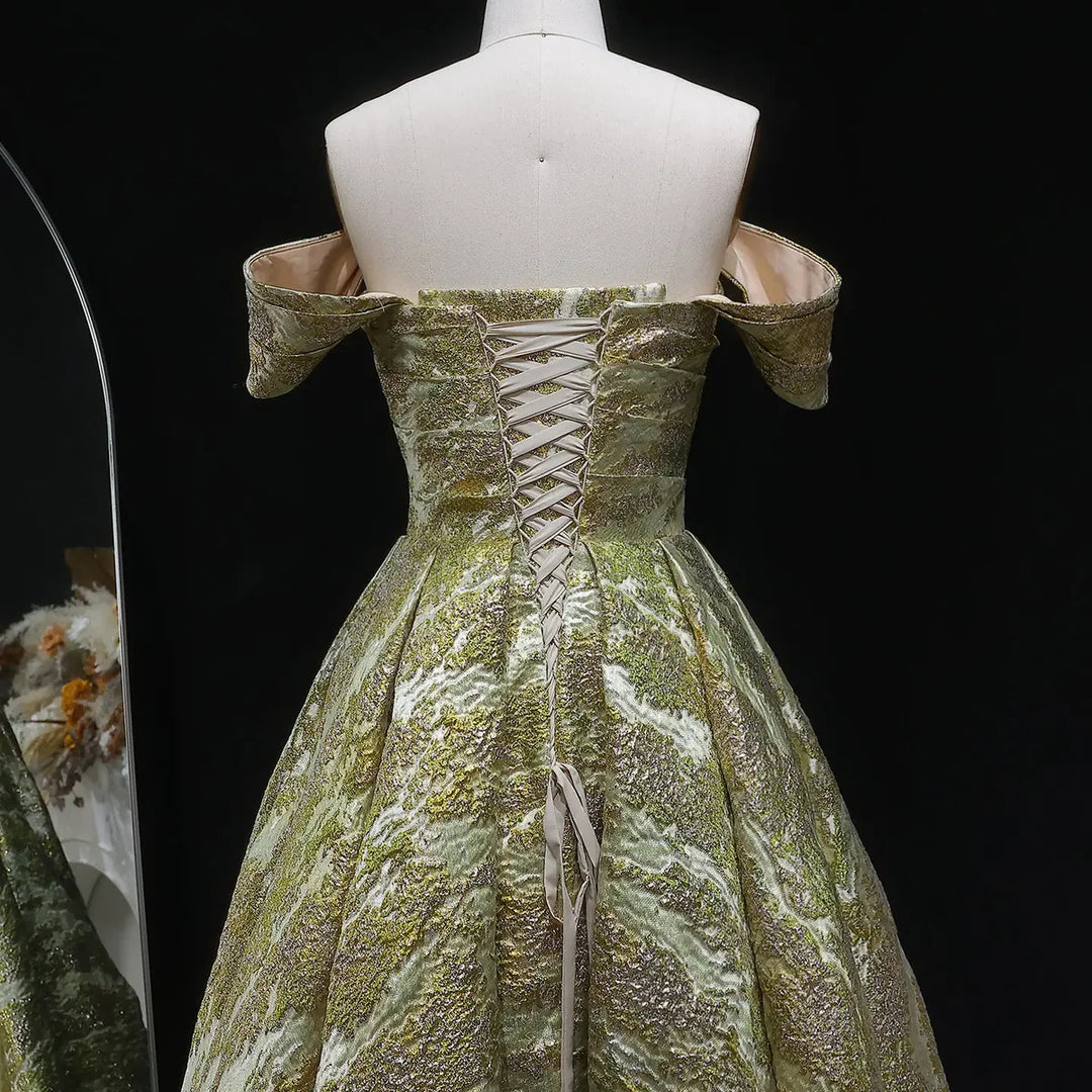 Luxury Gold Jacquard Off-Shoulder Ball Gown Satin Evening Dress SS742-DreamyVow