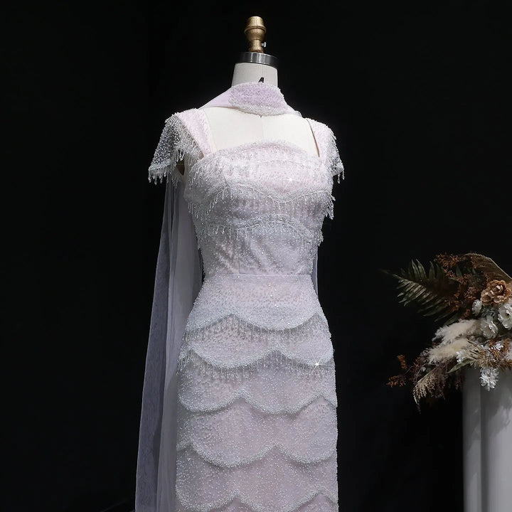 Luxury Gradient White Beaded Layered Evening Gown with Scarf SS523-DreamyVow