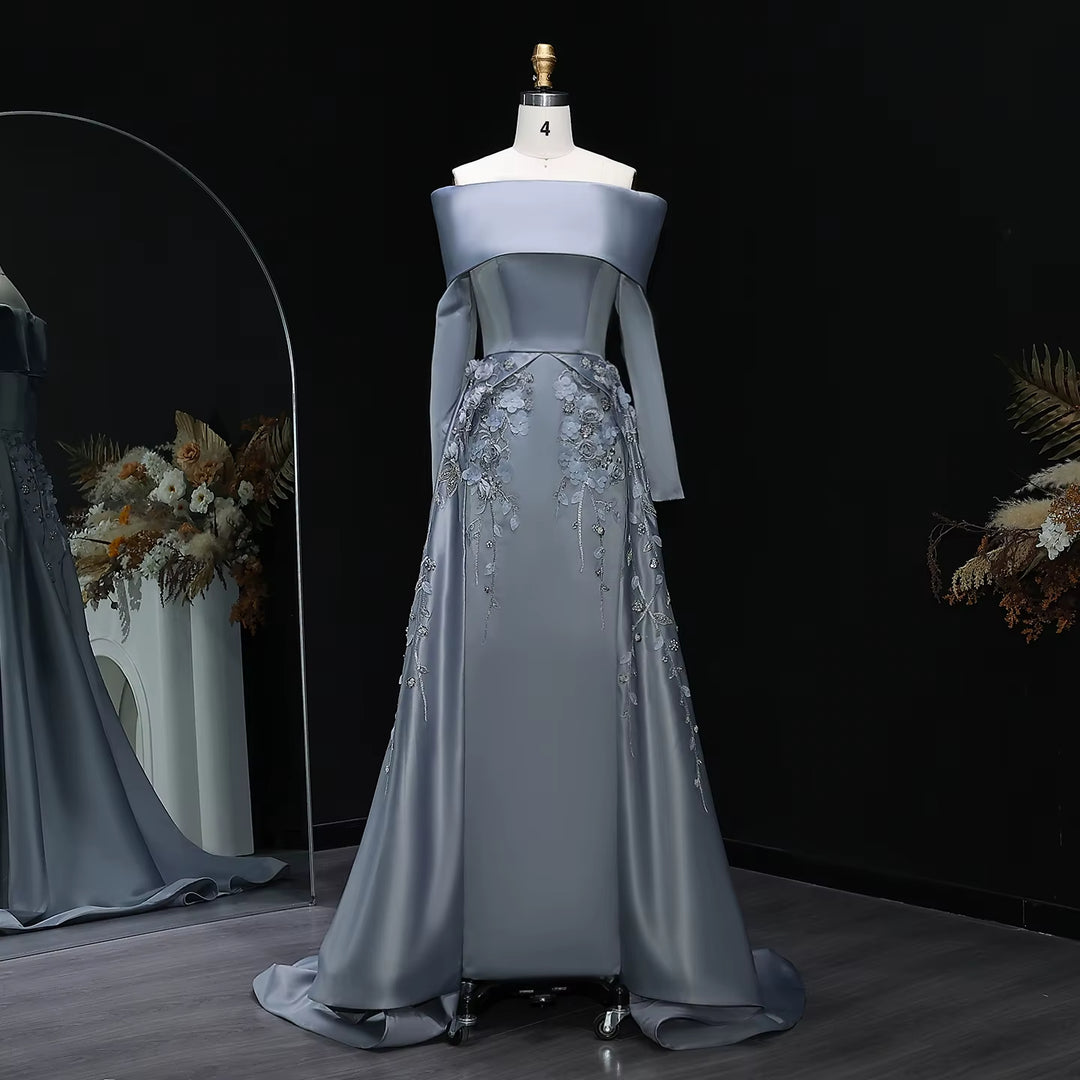 Luxury Gray Beaded Evening Dress with 3D Floral Overskirt SS228-DreamyVow