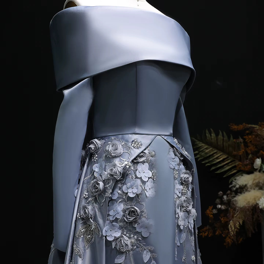 Luxury Gray Beaded Evening Dress with 3D Floral Overskirt SS228-DreamyVow