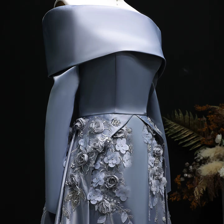 Luxury Gray Beaded Evening Dress with 3D Floral Overskirt SS228-DreamyVow