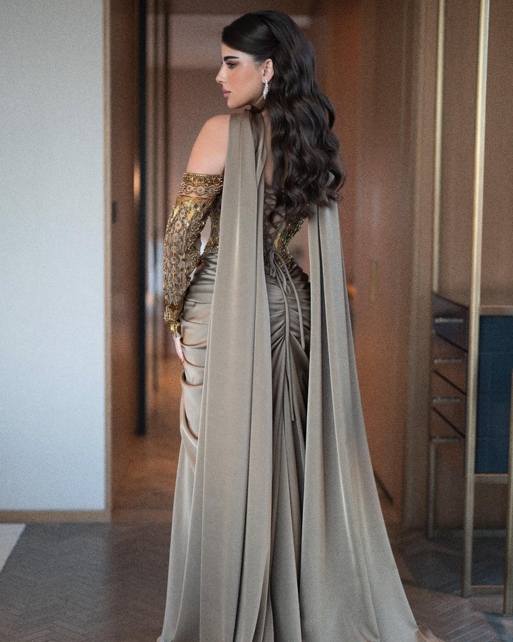 Luxury Gray Crystal Beaded Evening Dress with Draped Sheer Cape SS564-DreamyVow