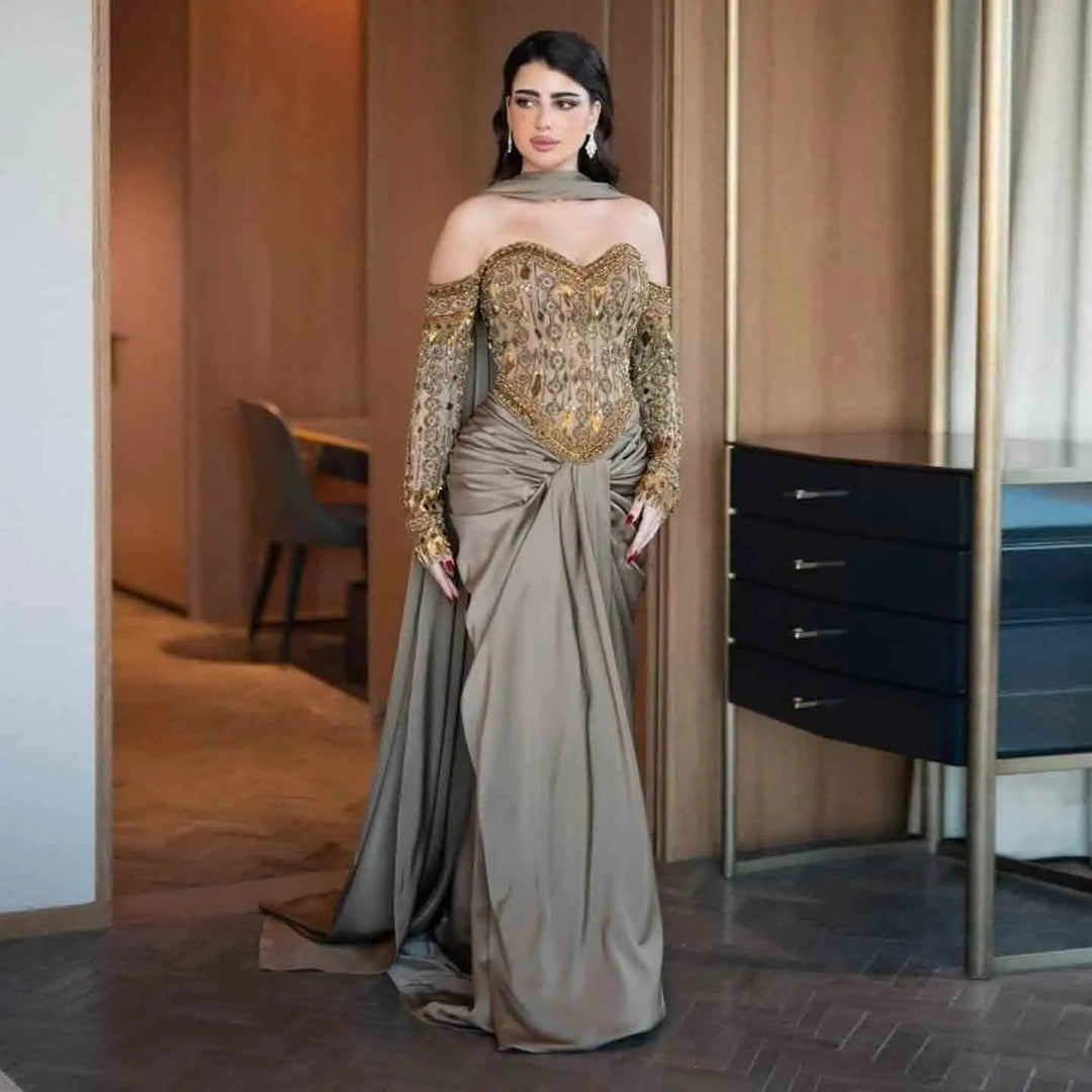 Luxury Gray Crystal Beaded Evening Dress with Draped Sheer Cape SS564-DreamyVow