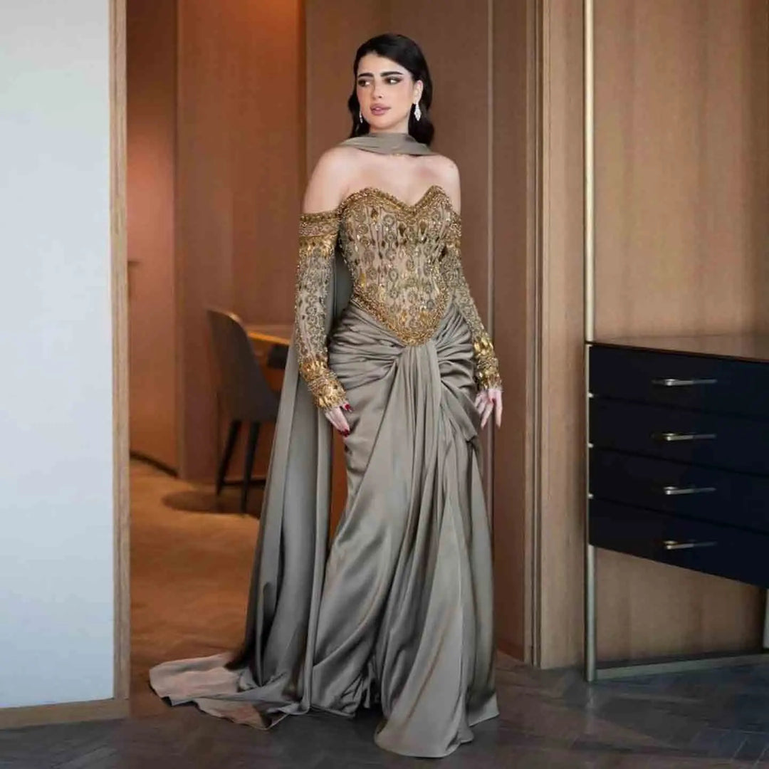 Luxury Gray Crystal Beaded Evening Dress with Draped Sheer Cape SS564-DreamyVow