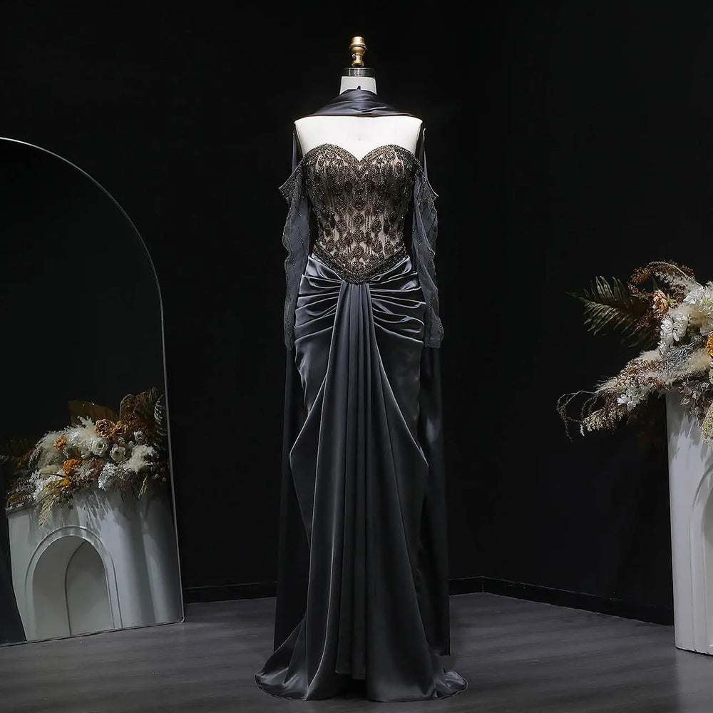 Luxury Gray Crystal Beaded Evening Dress with Draped Sheer Cape SS564-DreamyVow