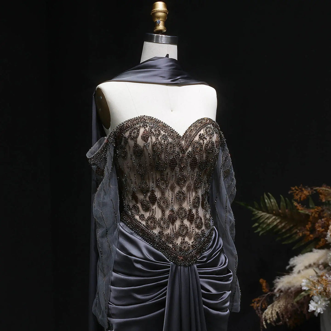Luxury Gray Crystal Beaded Evening Dress with Draped Sheer Cape SS564-DreamyVow