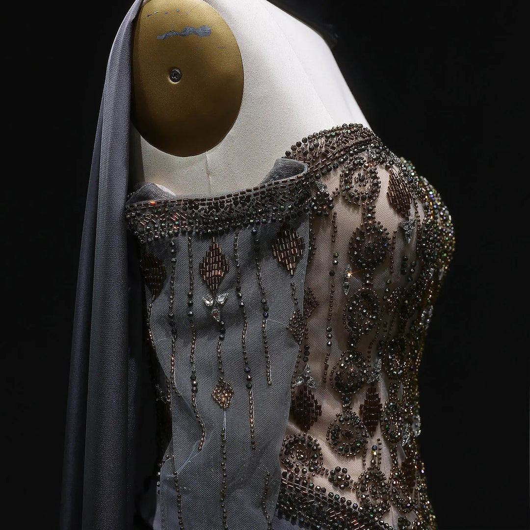 Luxury Gray Crystal Beaded Evening Dress with Draped Sheer Cape SS564